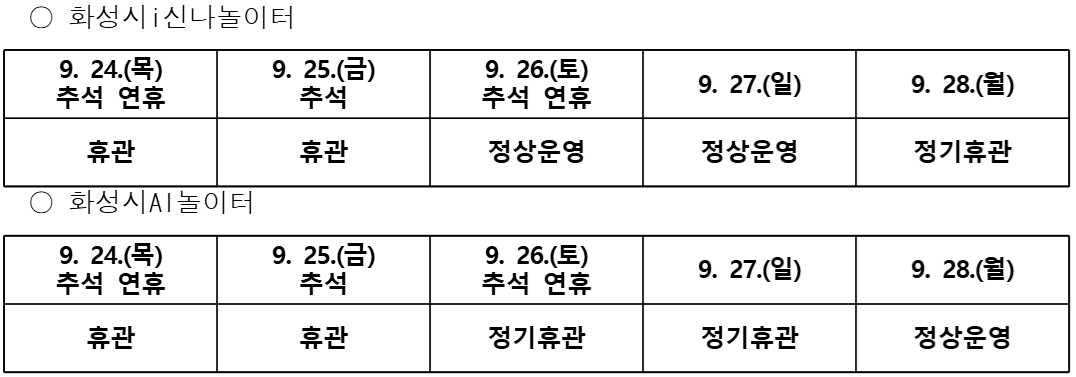 화성시i신나놀이터, AI놀이터 추석 연휴 운영 일정 안내 이미지 0번