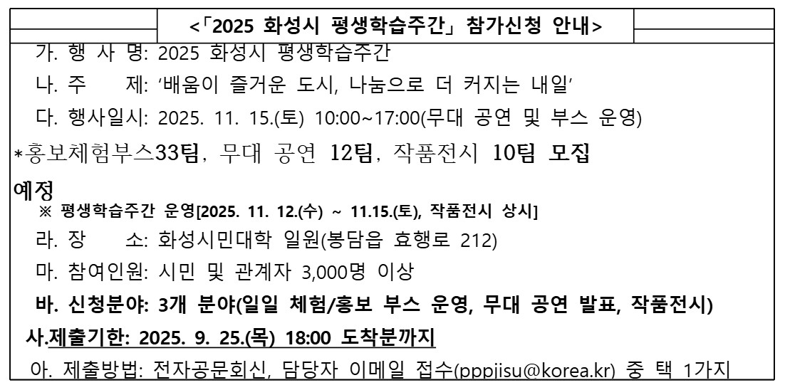 「2025 화성시 평생학습주간 행사」 참가신청 안내 및 홍보 이미지 0번